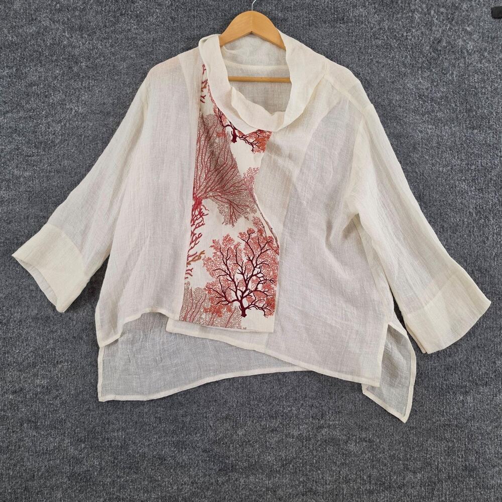 Igor Dobranic Blouse Medium Linen White Coral Print Beach Resort Art Lagenlook